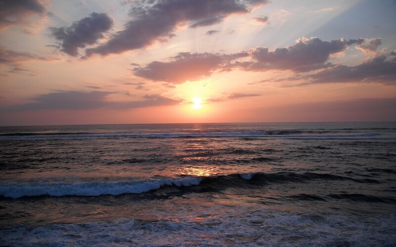 Sunset over Ocean — Orange, Serene, Photograph, Sun, Clouds, Waves