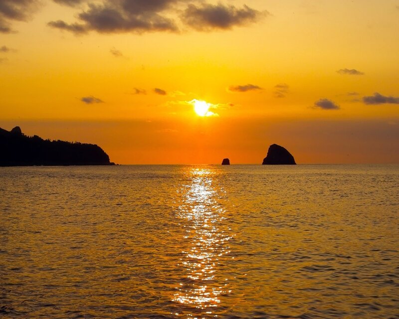 Sunset over Ocean — Orange, Serene, Photograph, Sun, Rocks