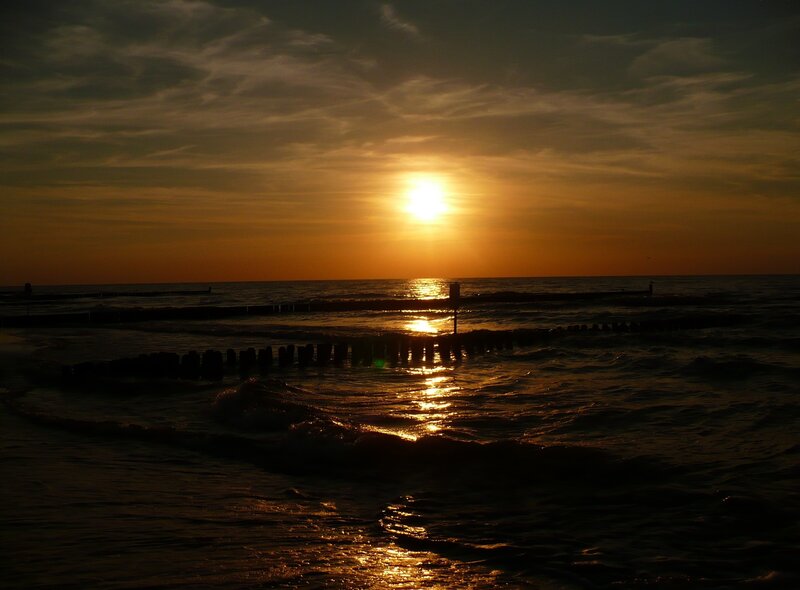 Sunset over Ocean — Orange, Serene, Photograph, Sun, Sea, Breakwater