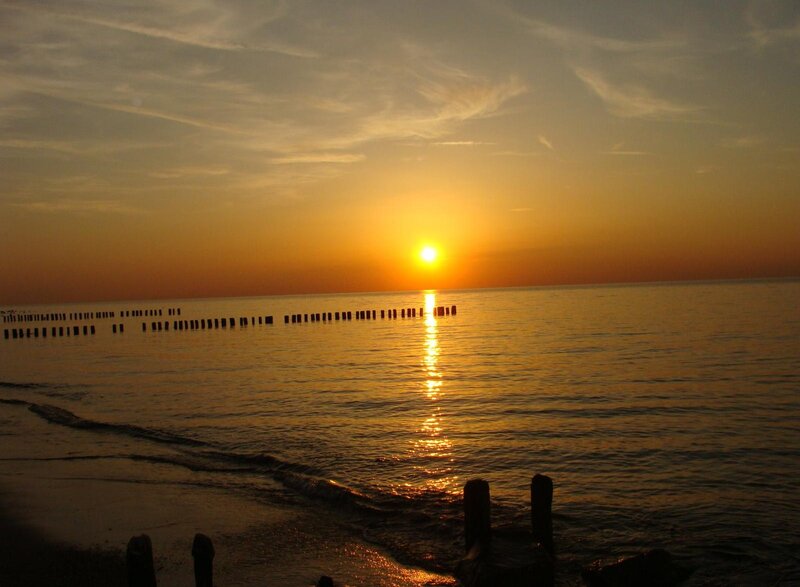 Sunset over Ocean — Orange, Serene, Photograph, Sun, Sea, Pier
