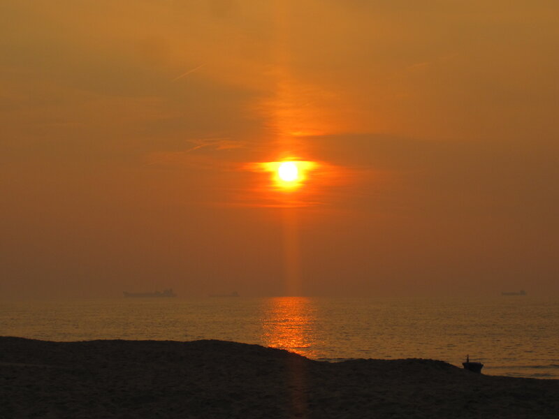 Sunset over Ocean — Orange, Serene, Photograph, Sun, Ships