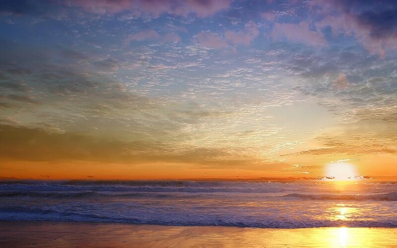Sunset over Ocean — Orange, Serene, Photograph, Sun, Waves, Beach, Clouds