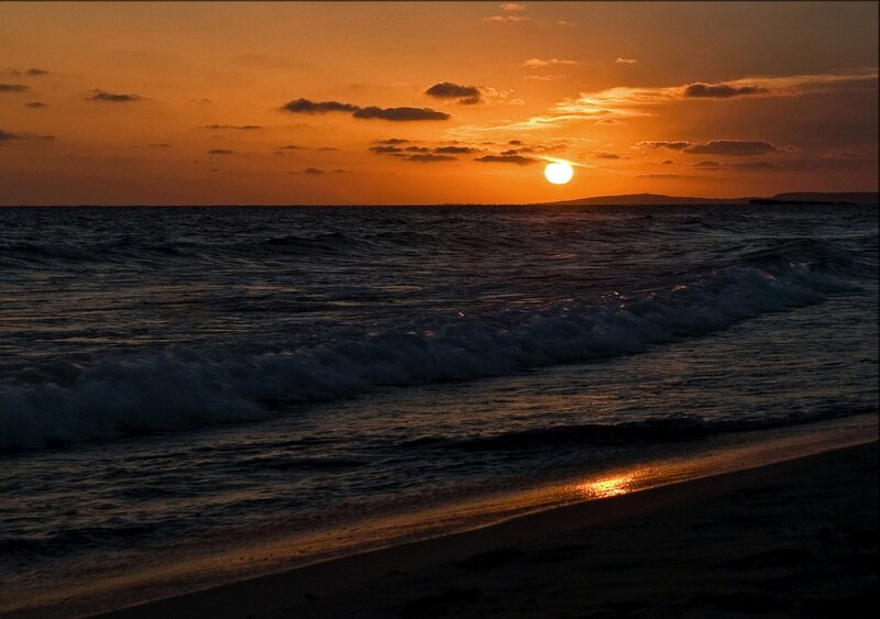 Sunset over Ocean — Orange, Serene, Photograph, Sun, Waves, Beach, Dark Blue