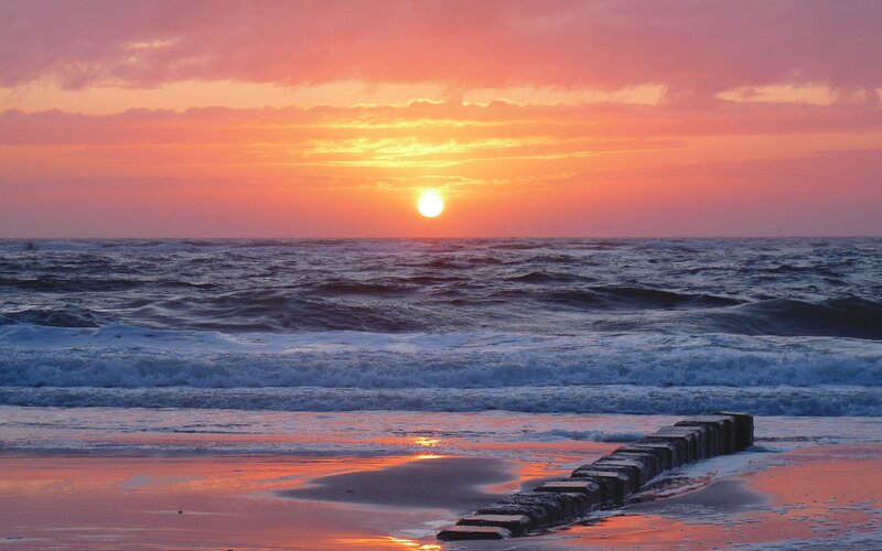 Sunset over Ocean — Orange, Serene, Photograph, Sun, Waves, Beach, Groin