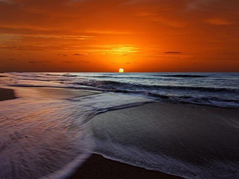 Sunset over Ocean — Orange, Serene, Photograph, Sun, Waves, Beach
