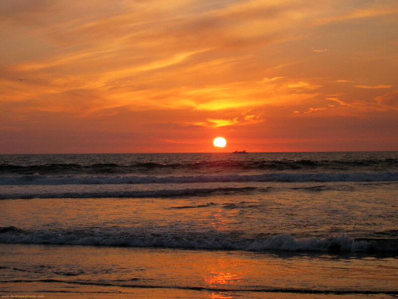 Sunset over Ocean — Orange, Serene, Photograph, Sun, Waves, Boat
