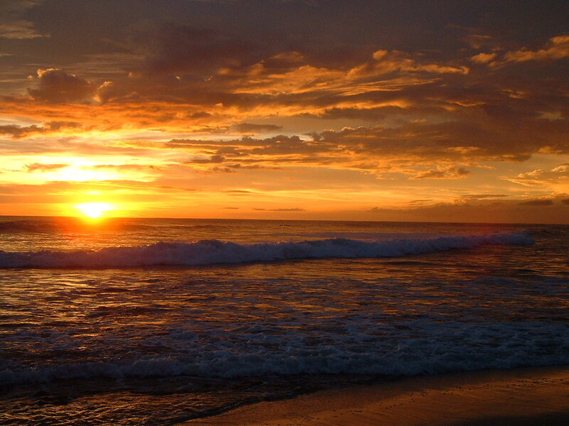 Sunset over Ocean — Orange, Serene, Photograph, Sun, Waves, Clouds