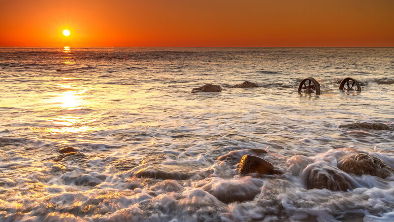 Sunset over Ocean — Orange, Serene, Photograph, Sun, Waves, Rocks
