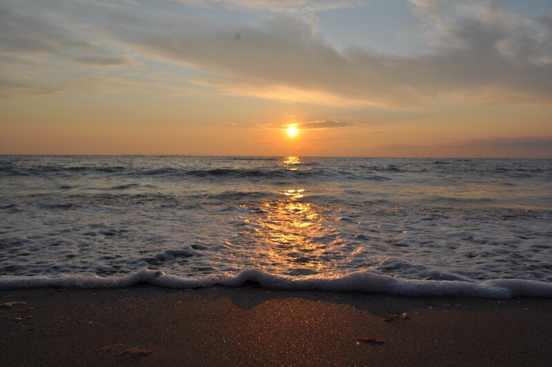 Sunset over Ocean — Orange, Serene, Photograph, Sun, Waves, Sand