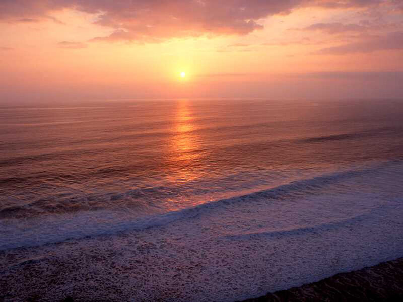 Sunset over Ocean — Orange, Serene, Photograph, Sun, Waves, Sky, Purple, Blue
