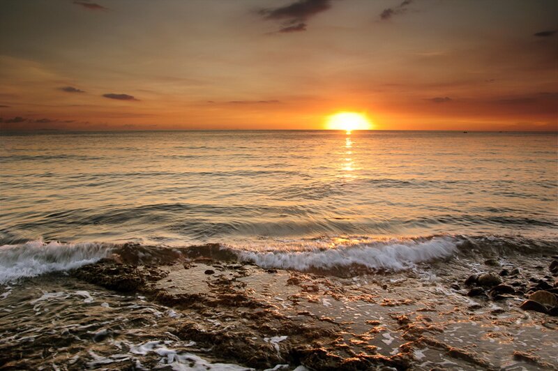 Sunset over Ocean — Orange, Serene, Photograph, Sun, Waves, Sky, Rocks