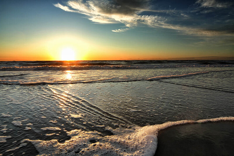 Sunset over Ocean — Orange, Serene, Photograph, Sun, Waves, Sky
