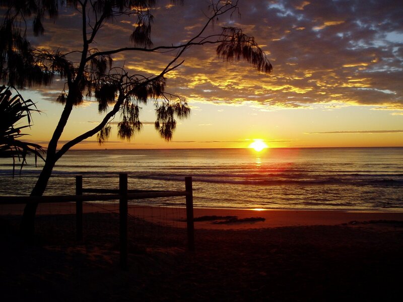 Sunset over Ocean — Orange, Serene, Photograph, Tree, Fence