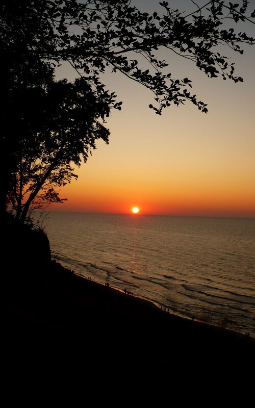 Sunset over Ocean — Orange, Serene, Photograph, Trees, Beach