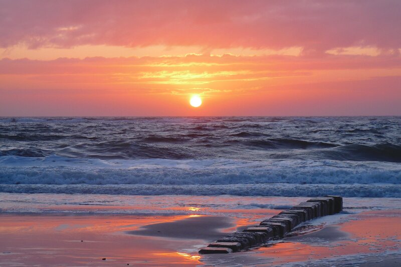 Sunset over Ocean — Orange, Serene, Photograph, Waves, Beach