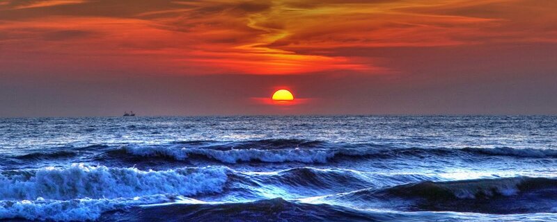 Sunset over Ocean — Orange, Ship