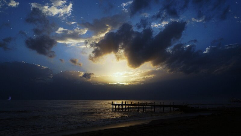 Sunset over Ocean Pier — Blue, Dramatic, Photograph