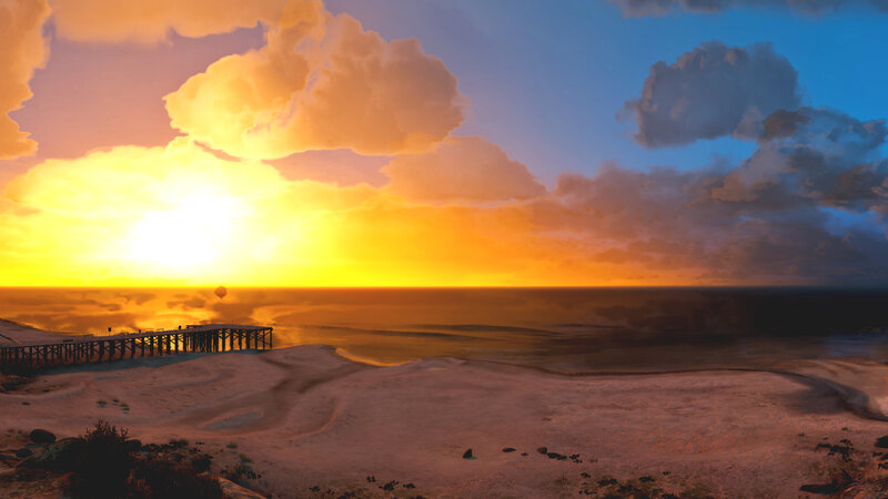 Sunset over Ocean Pier — Orange, Dramatic, 3d Render
