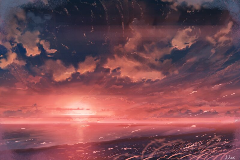 Sunset over Ocean — Pink, Dramatic, Digital Art