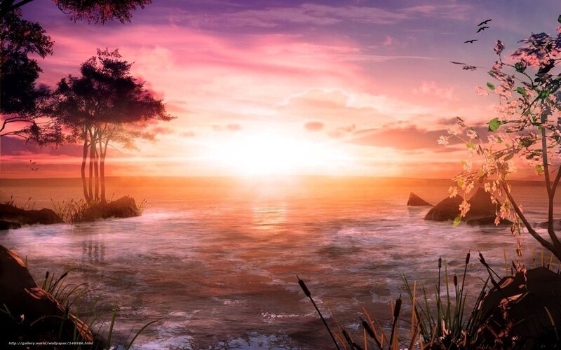 Sunset over Ocean — Pink, Serene, Digital Art, Trees
