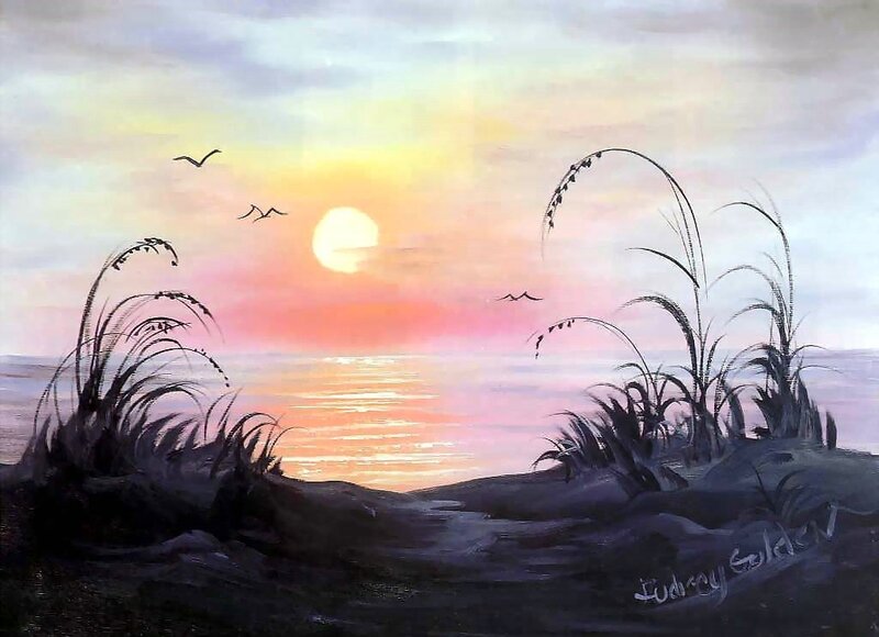 Sunset over Ocean — Pink, Serene, Painting