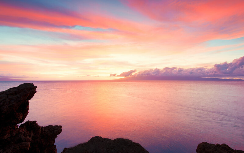 Sunset over Ocean — Pink, Serene, Photograph, Rocks, Clouds