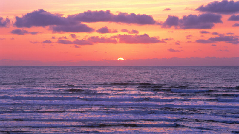 Sunset over Ocean — Pink, Serene, Photograph, Sun, Clouds