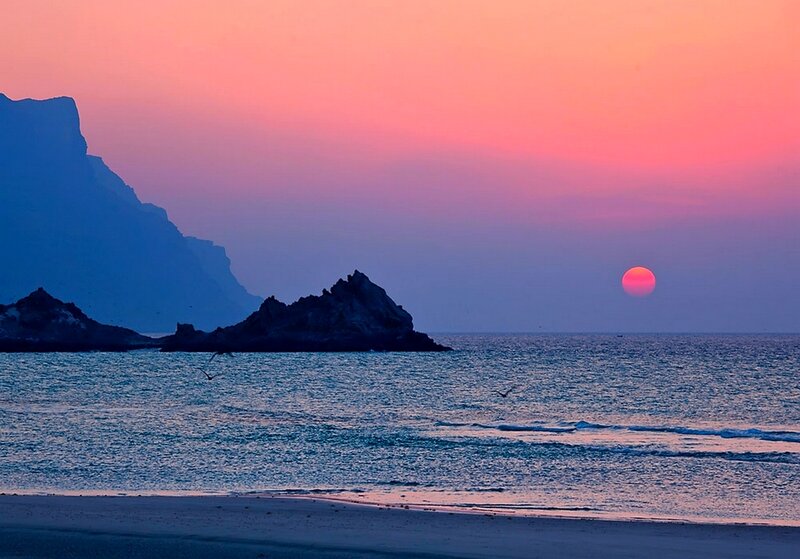 Sunset over Ocean — Pink, Serene, Photograph, Sun, Rocks