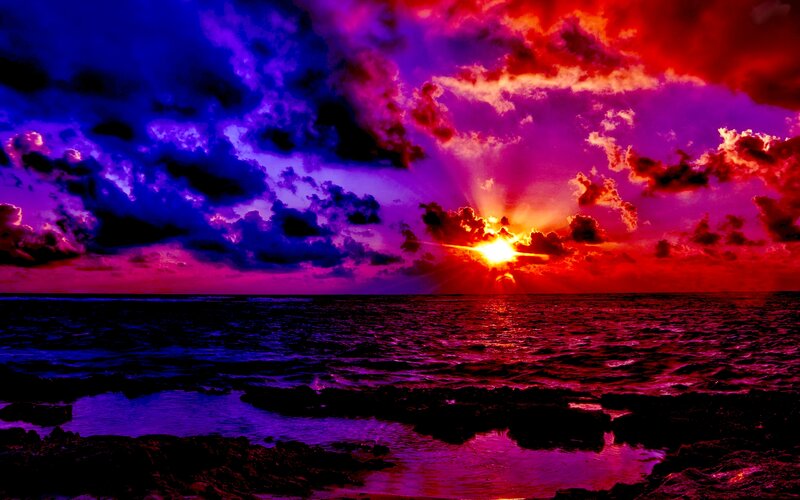 Sunset over Ocean — Purple, Dramatic, Digital Art, Sun