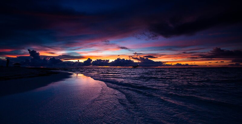 Sunset over Ocean — Purple, Dramatic, Photograph, Beach, Clouds, Boat, Orange