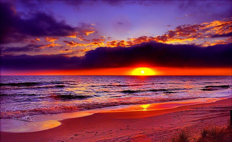 Sunset over Ocean — Purple, Dramatic, Photograph, Beach, Clouds, Waves