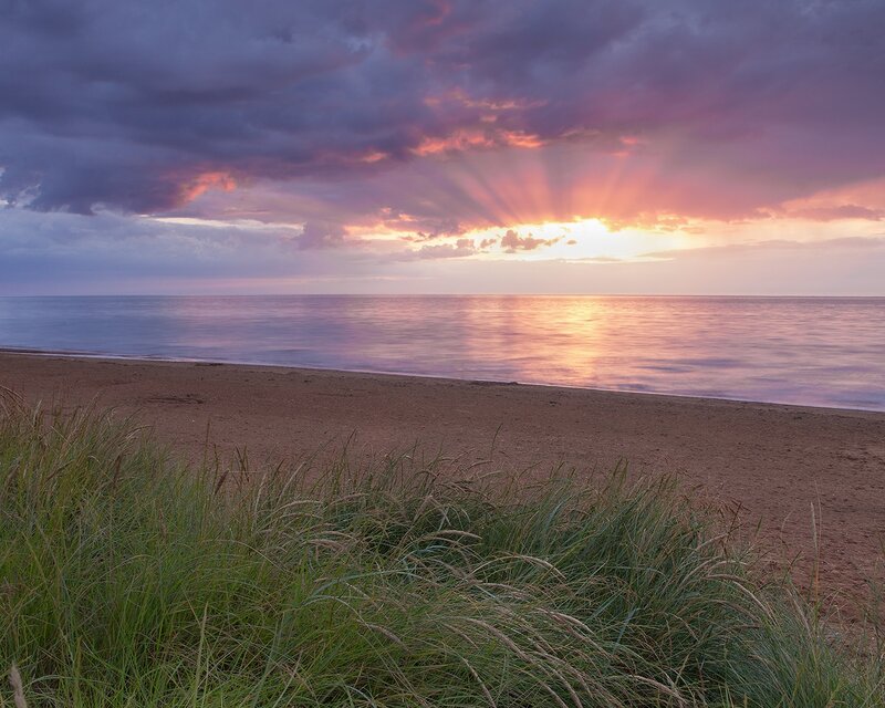 Sunset over Ocean — Purple, Dramatic, Photograph, Beach, Grass