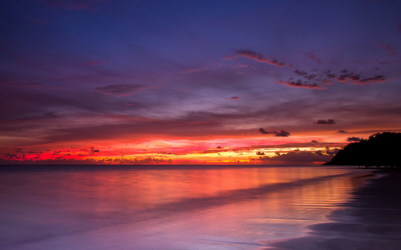 Sunset over Ocean — Purple, Dramatic, Photograph, Clouds, Beach