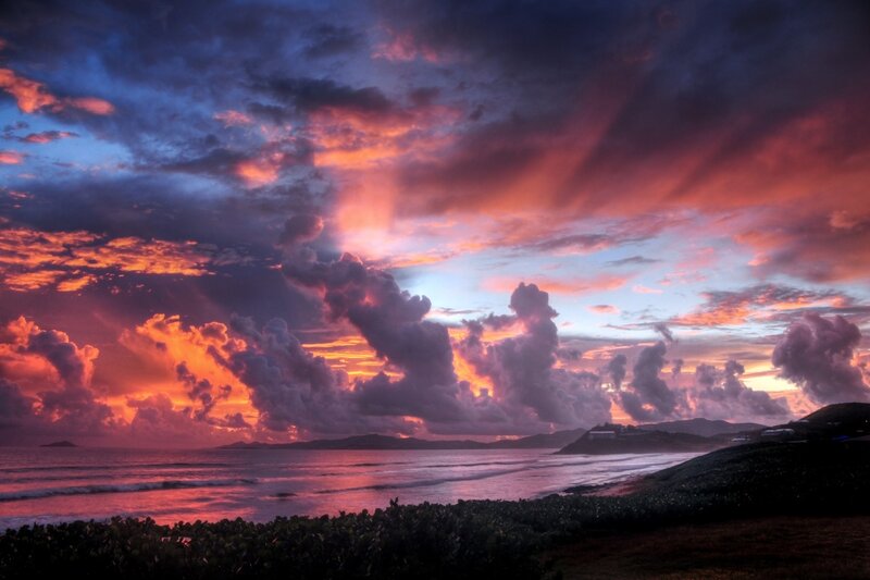 Sunset over Ocean — Purple, Dramatic, Photograph, Clouds, Hills, Orange, Blue