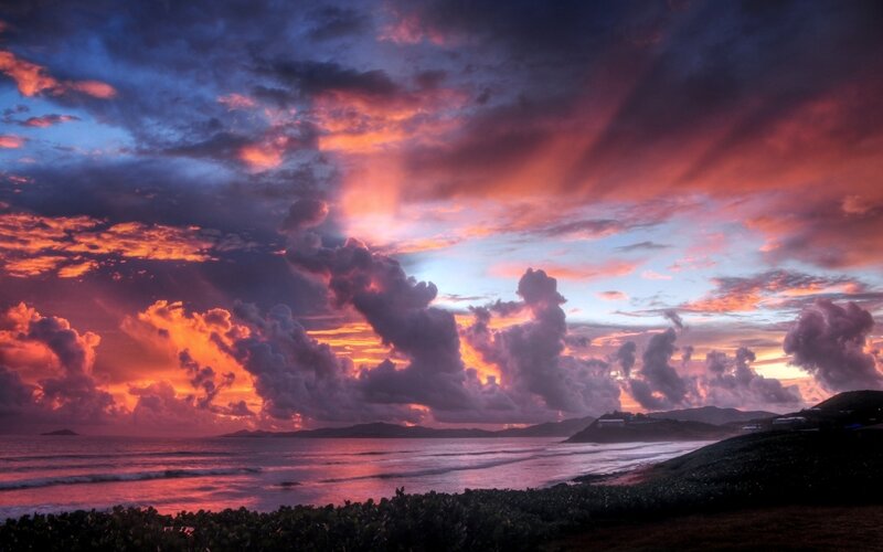 Sunset over Ocean — Purple, Dramatic, Photograph, Clouds, Hills, Vegetation
