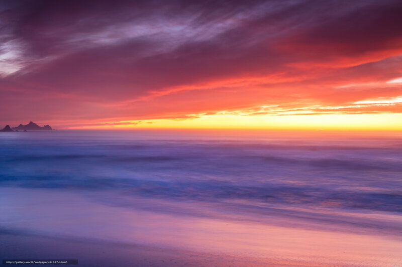 Sunset over Ocean — Purple, Dramatic, Photograph, Clouds, Island, Beach