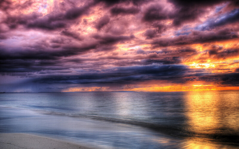 Sunset over Ocean — Purple, Dramatic, Photograph, Clouds, Sand