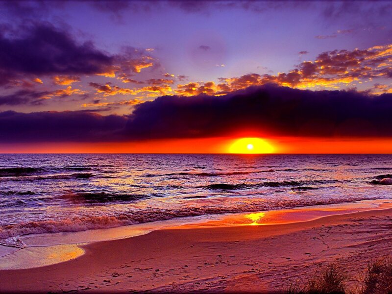 Sunset over Ocean — Purple, Dramatic, Photograph, Clouds, Sand, Waves