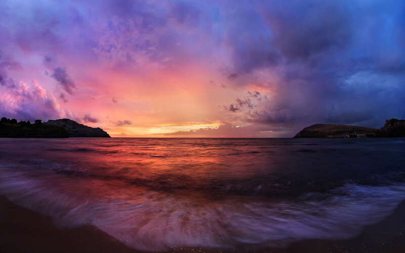 Sunset over Ocean — Purple, Dramatic, Photograph, Clouds, Sea, Island