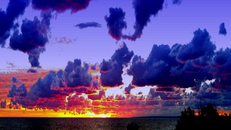 Sunset over Ocean — Purple, Dramatic, Photograph, Clouds, Sea, Trees