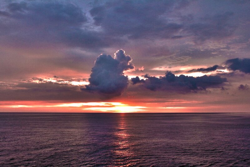 Sunset over Ocean — Purple, Dramatic, Photograph, Clouds, Sun, Sea