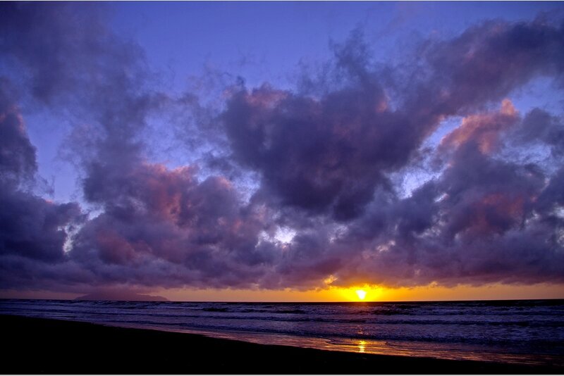 Sunset over Ocean — Purple, Dramatic, Photograph, Clouds, Sun