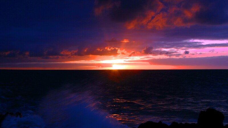 Sunset over Ocean — Purple, Dramatic, Photograph, Clouds, Sun, Waves, Orange