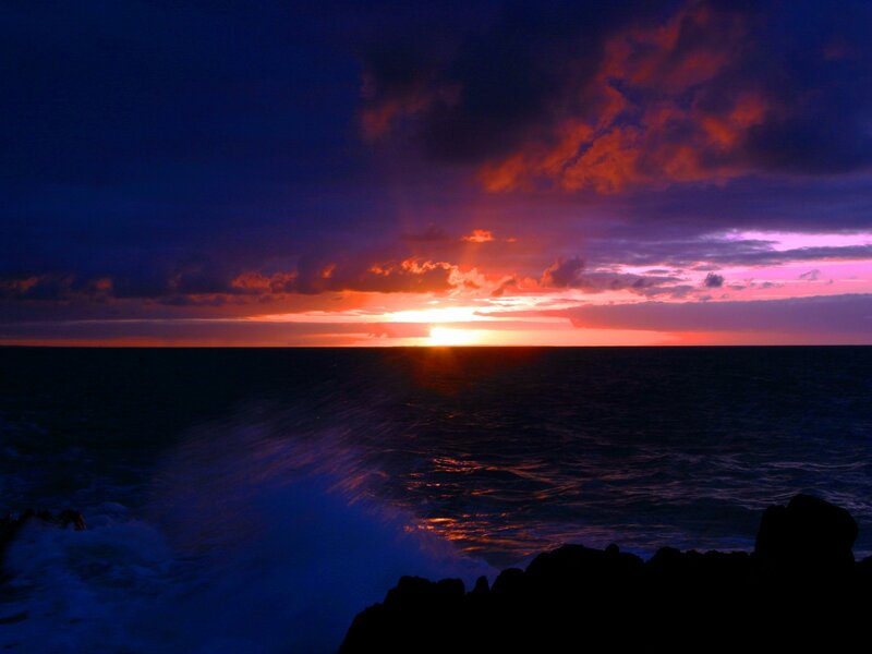 Sunset over Ocean — Purple, Dramatic, Photograph, Clouds, Waves, Rocks, Orange, Dark Blue