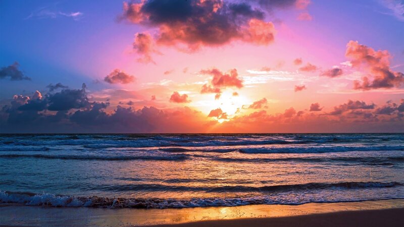 Sunset over Ocean — Purple, Dramatic, Photograph, Clouds, Waves, Sand
