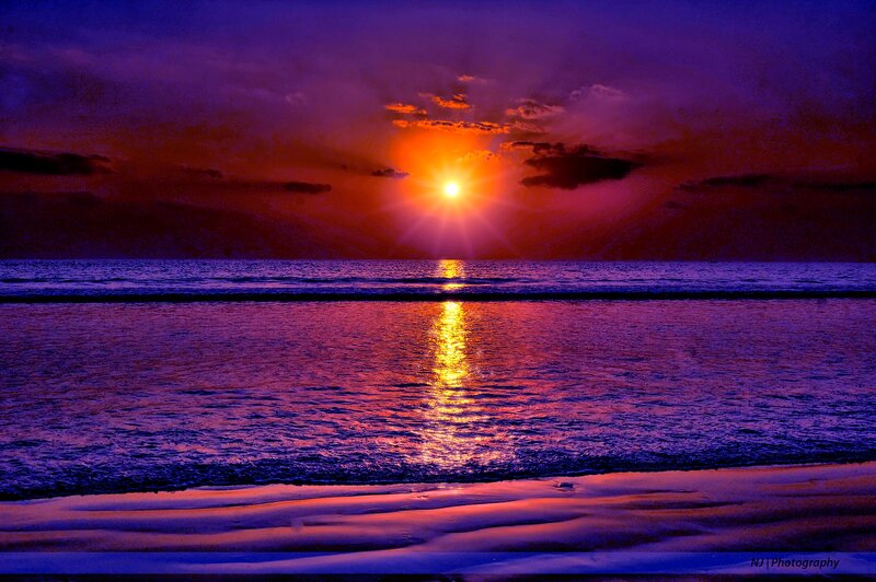 Sunset over Ocean — Purple, Dramatic, Photograph, Sun, Clouds, Beach