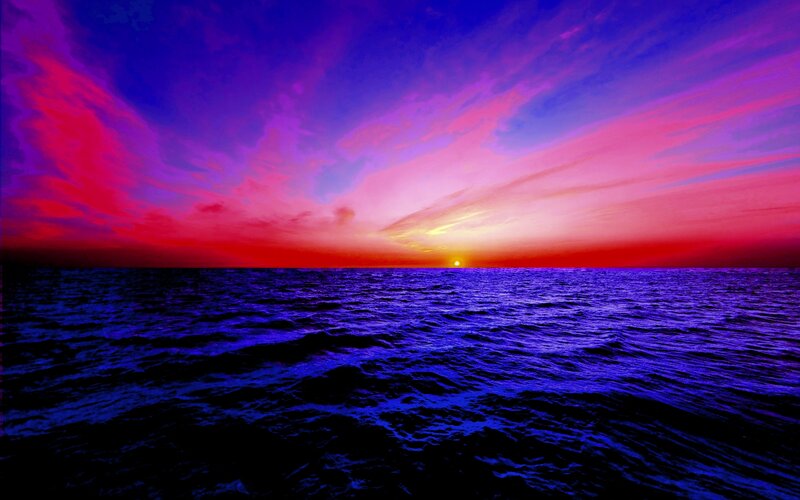 Sunset over Ocean — Purple, Dramatic, Photograph, Sun, Clouds, Sea