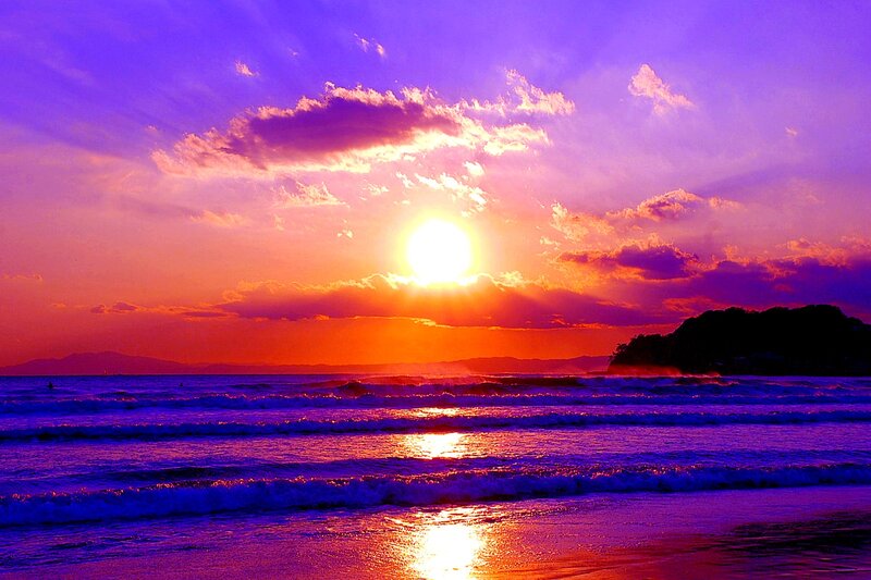 Sunset over Ocean — Purple, Dramatic, Photograph, Sun, Clouds, Waves, Island