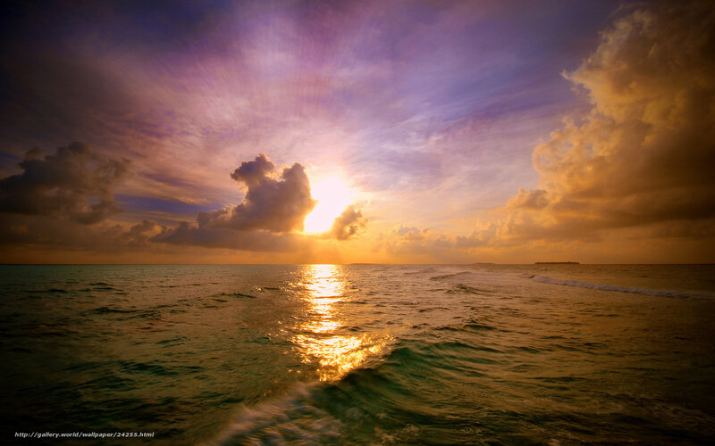Sunset over Ocean — Purple, Dramatic, Photograph, Sun, Clouds, Waves