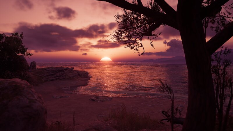 Sunset over Ocean — Purple, Serene, 3d Render, Tree